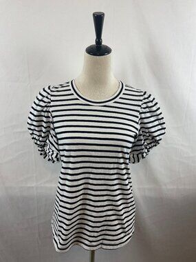 ALC Top S White Black Stripe Short Ruched Puff Sleeve